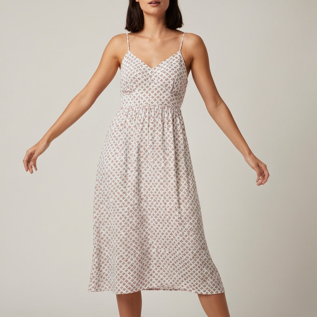 Women's geometric patterned midi dress with V-neck and spaghetti straps