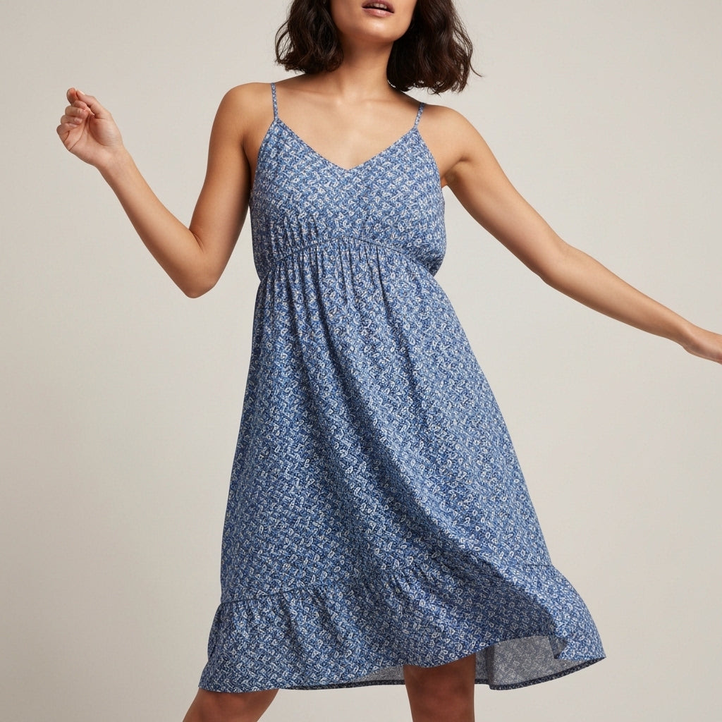 Women's geometric patterned midi dress with V-neck and spaghetti straps