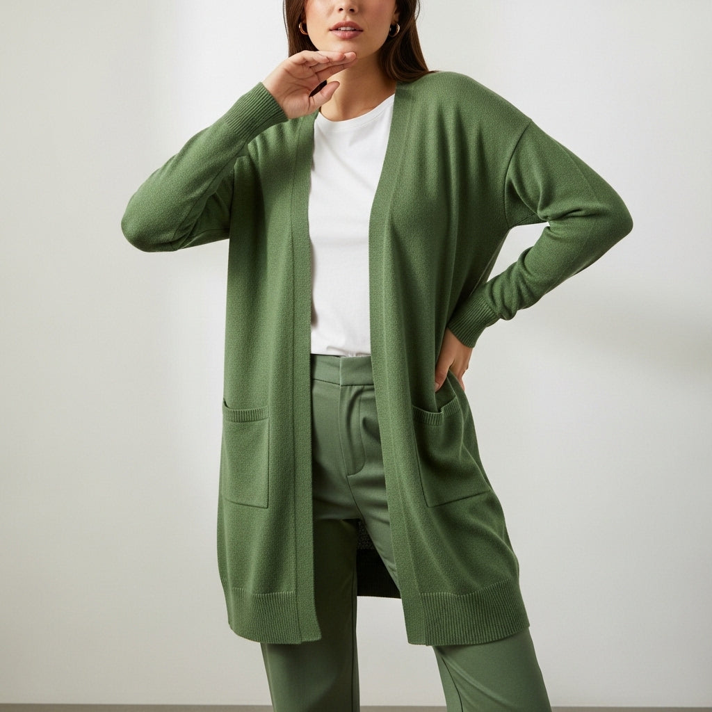 Women's long open front cardigan with long sleeves and patch pockets