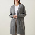 Women's long open front cardigan with long sleeves and patch pockets