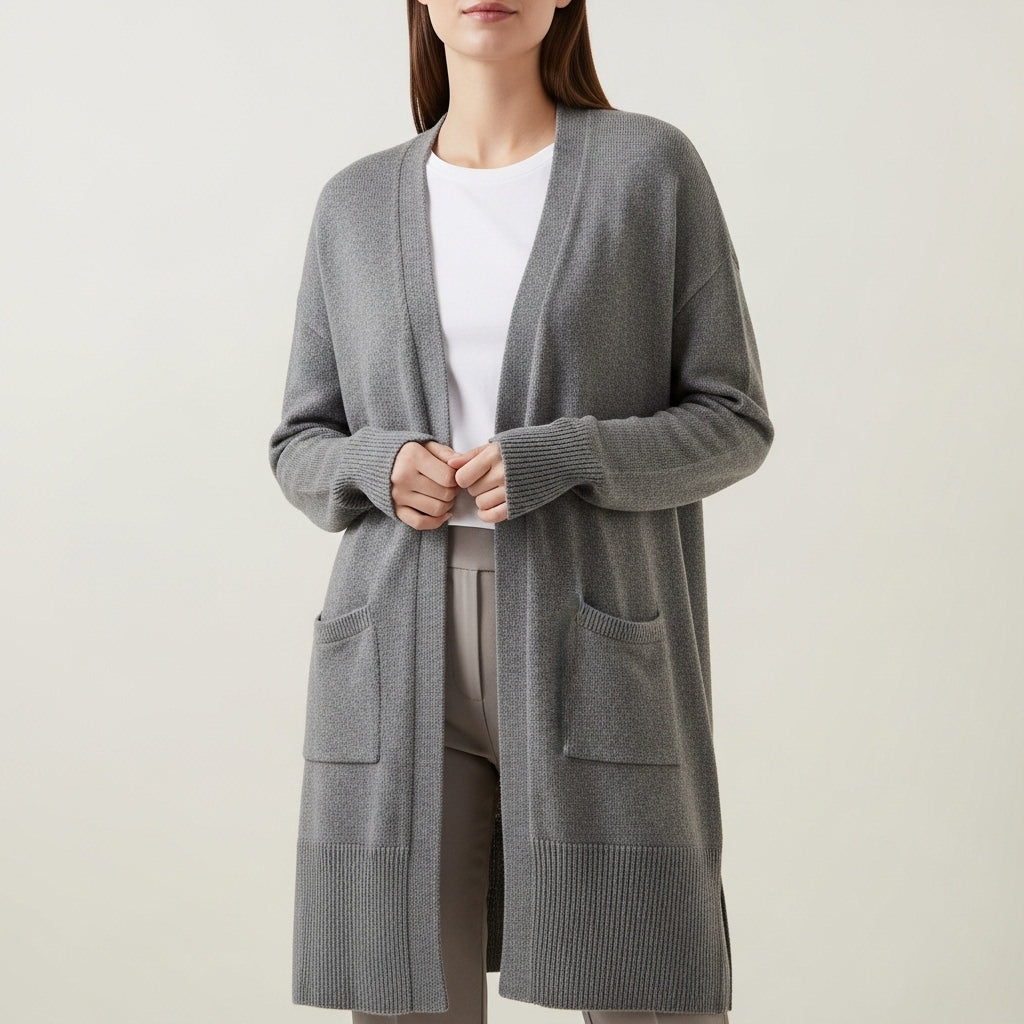 Women's long open front cardigan with long sleeves and patch pockets