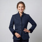 Women's textured blazer with mandarin collar, button front and trimmed patch pockets