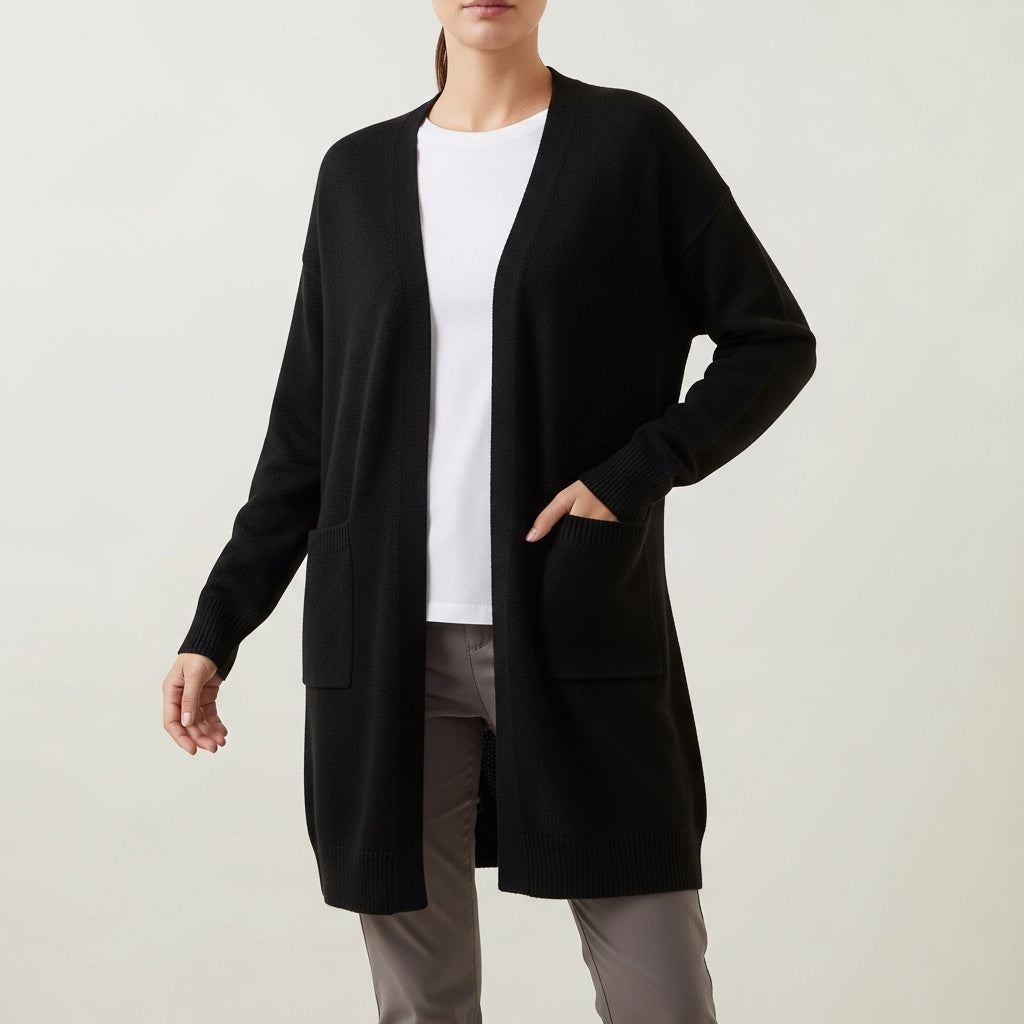 Women's long open front cardigan with long sleeves and patch pockets