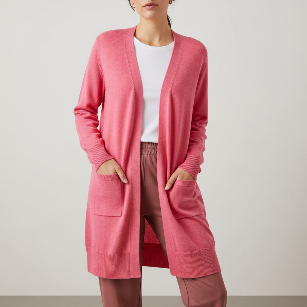 Women's long open front cardigan with long sleeves and patch pockets