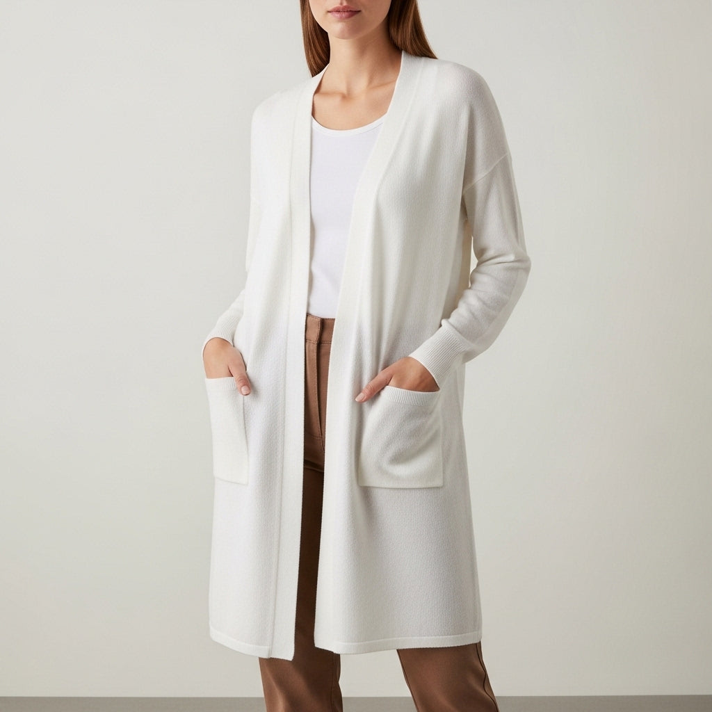 Women's long open front cardigan with long sleeves and patch pockets
