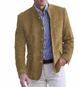 Men's mandarin collar blazer with button front and flap pockets