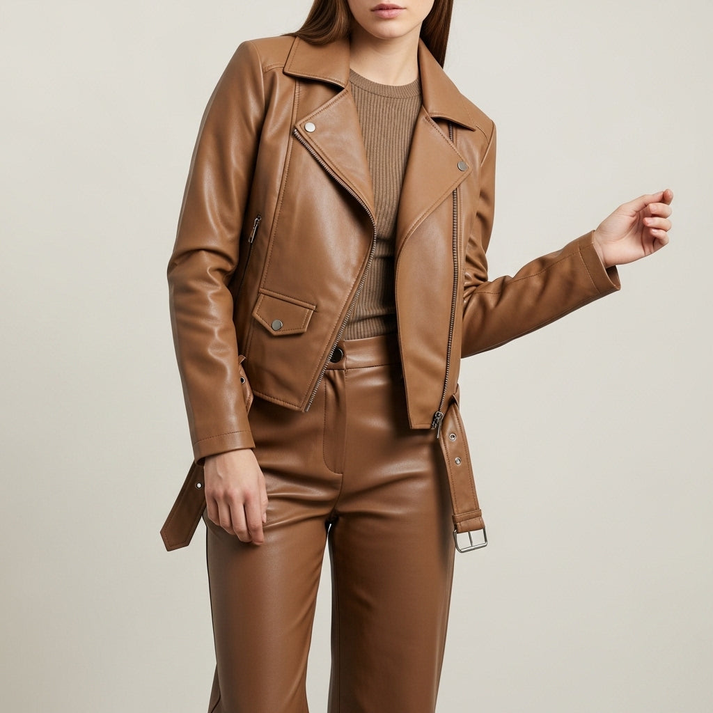 Women's long sleeve collared biker jacket with zip front and zipped pockets
