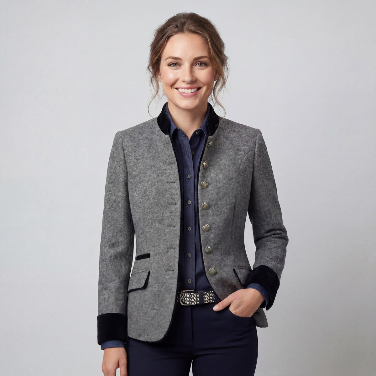 Women's textured blazer with mandarin collar, button front and trimmed patch pockets