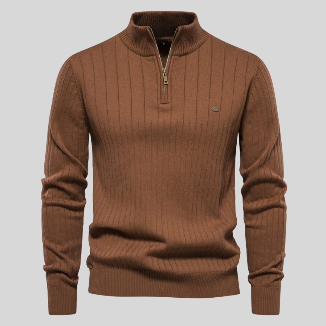 Men's ribbed quarter-zip jumper with mock neck and long sleeves