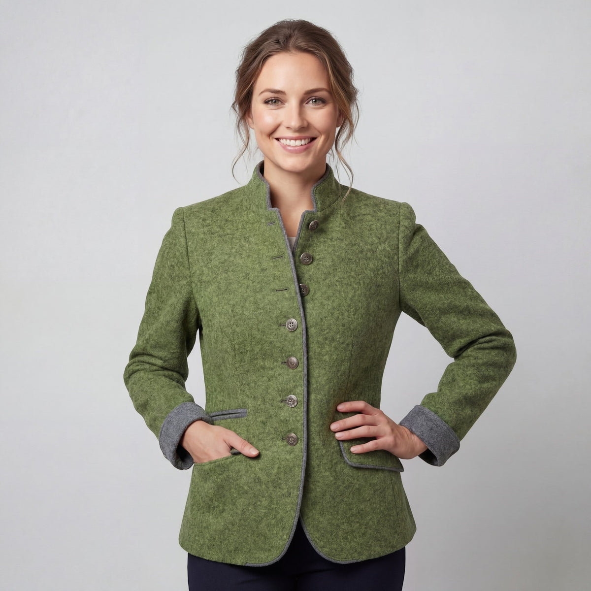 Women's textured blazer with mandarin collar, button front and trimmed patch pockets