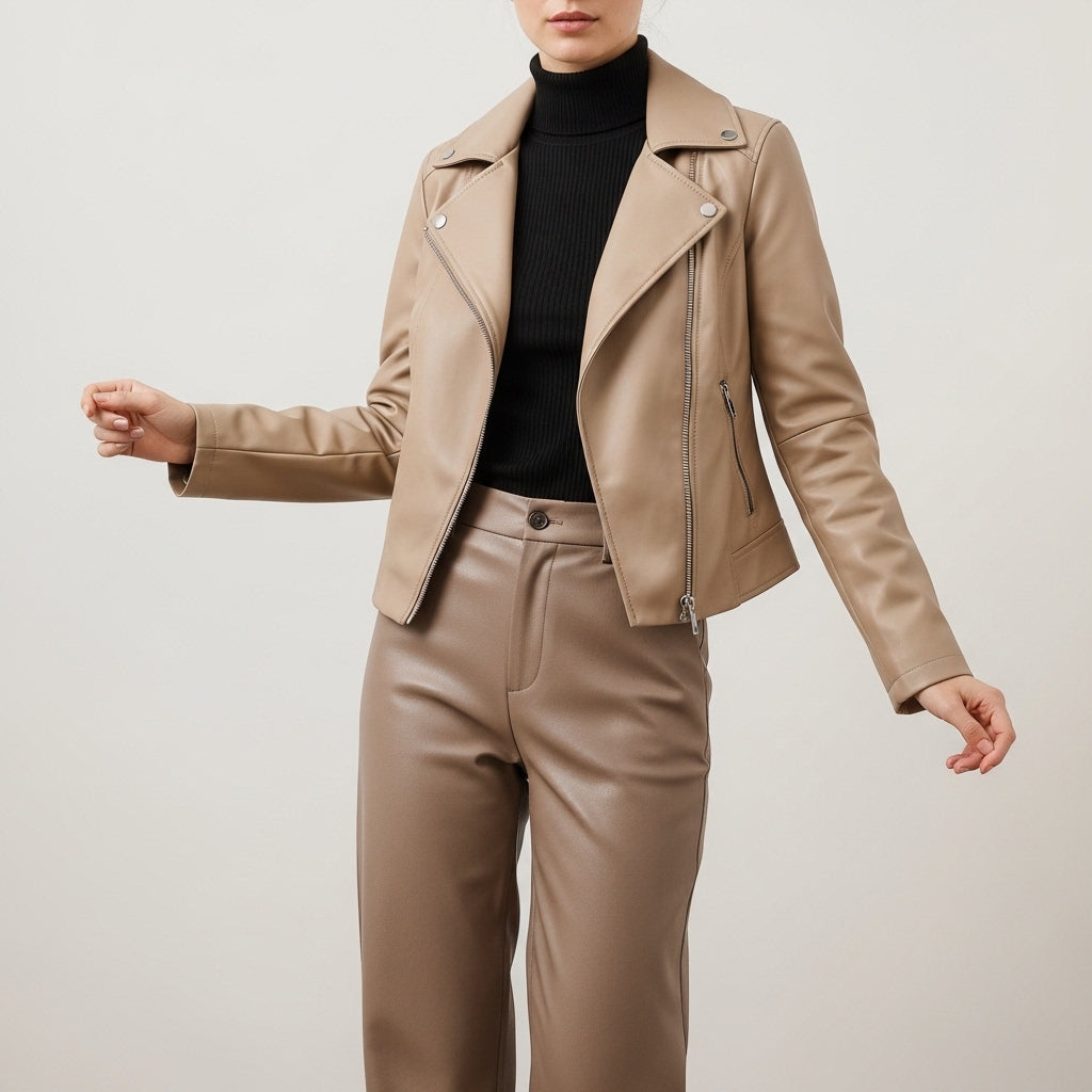 Women's long sleeve collared biker jacket with zip front and zipped pockets