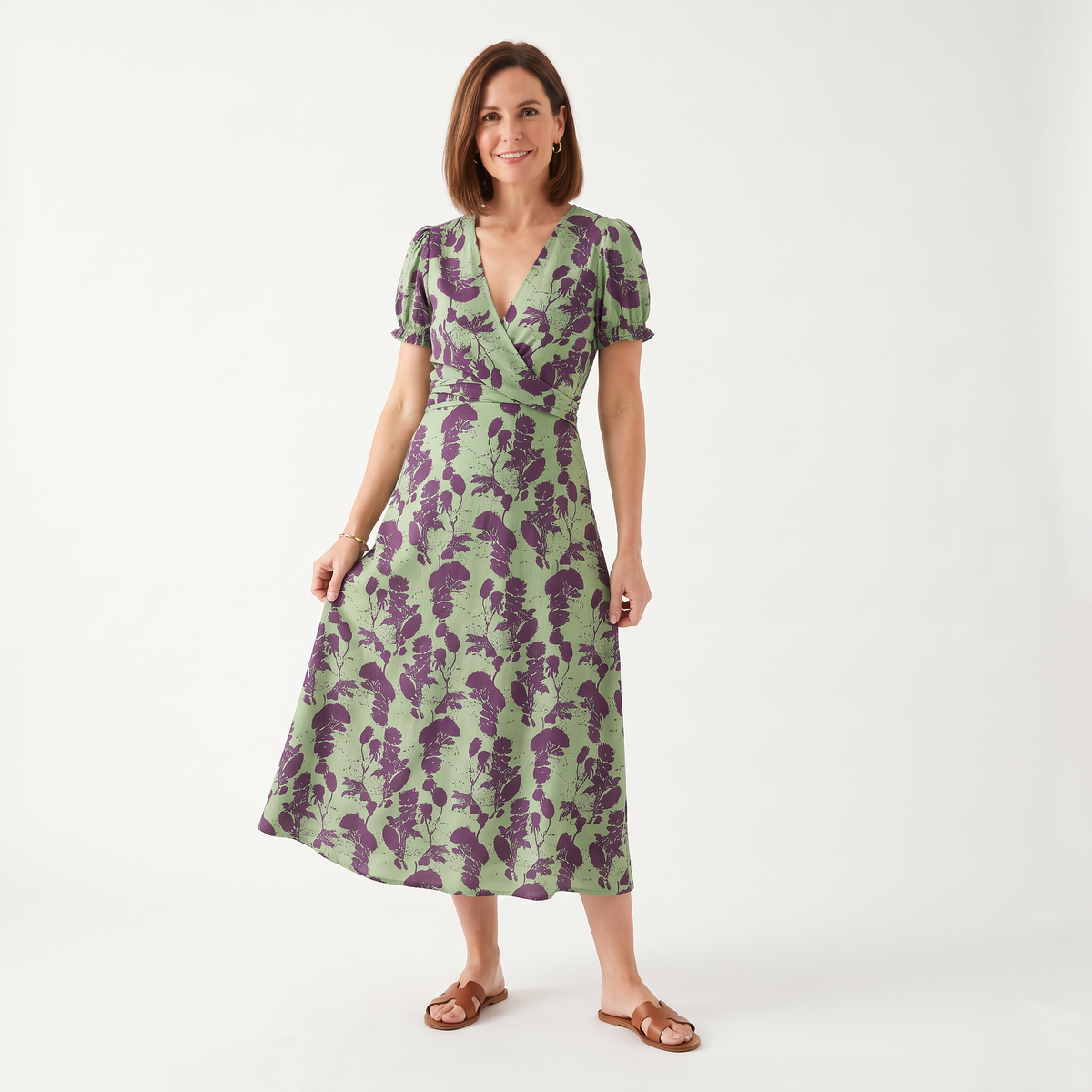 Women's green floral wrap midi dress with V-neckline and short puff sleeves