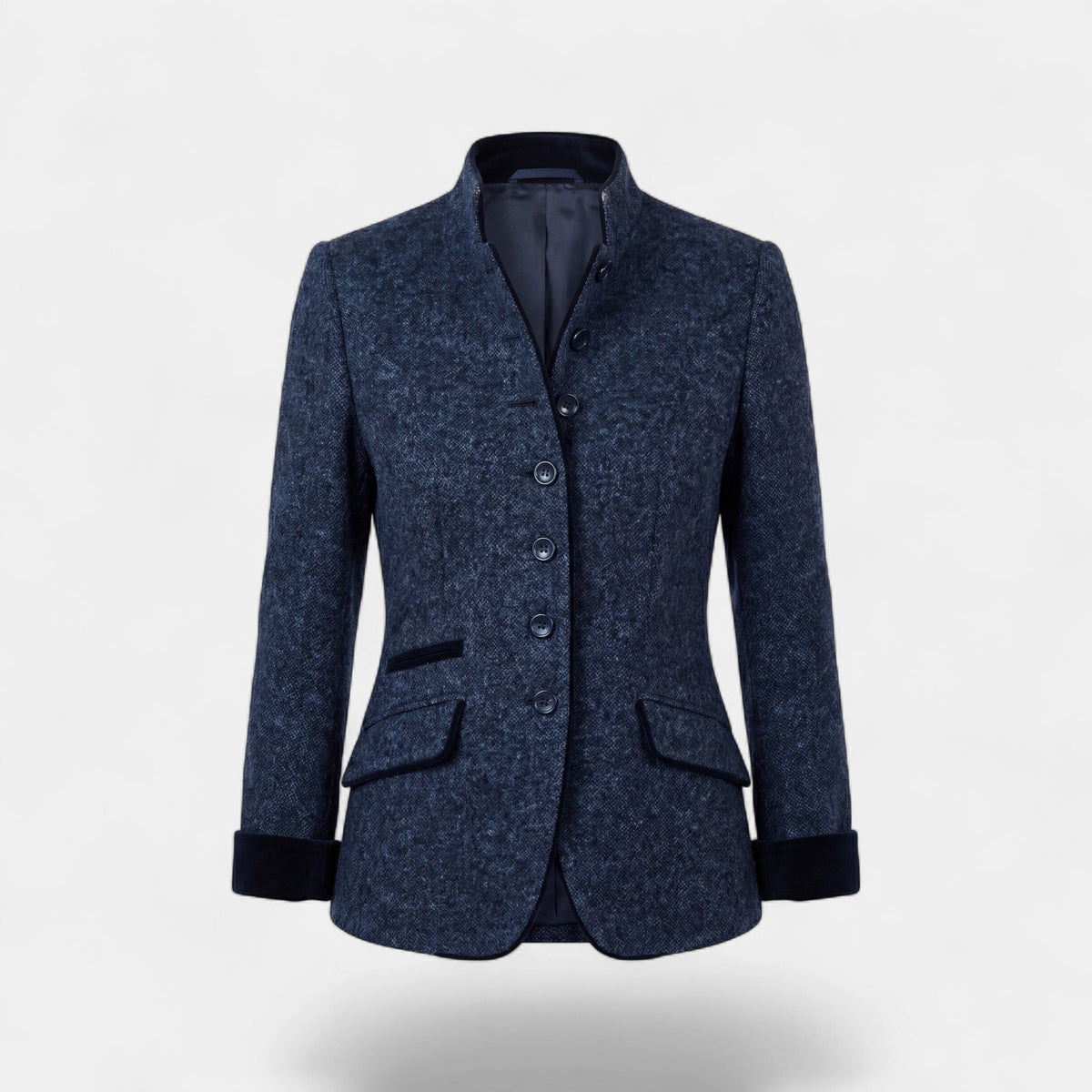 Women's textured blazer with mandarin collar, button front and trimmed patch pockets