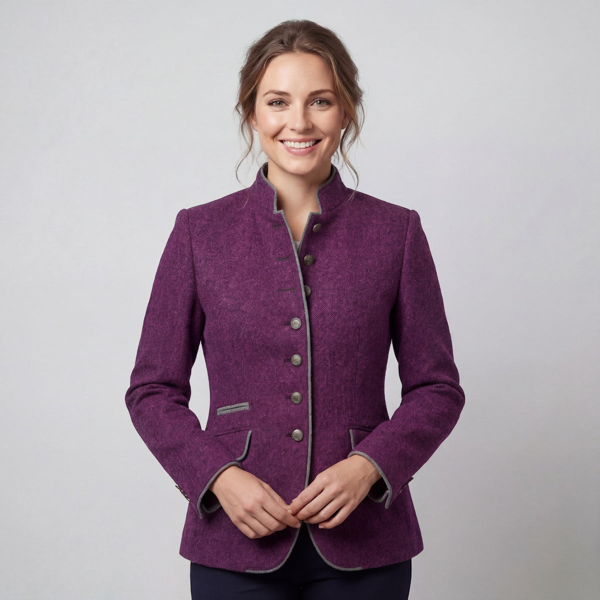 Women's textured blazer with mandarin collar, button front and trimmed patch pockets
