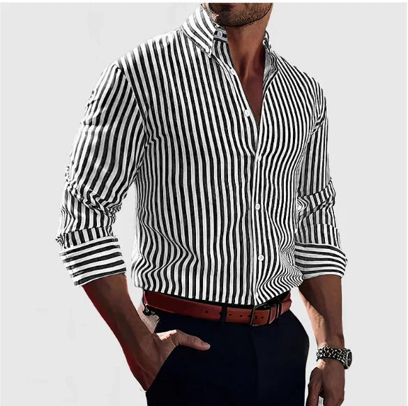 Men's striped shirt with Mandarin collar, button front and rolled sleeves