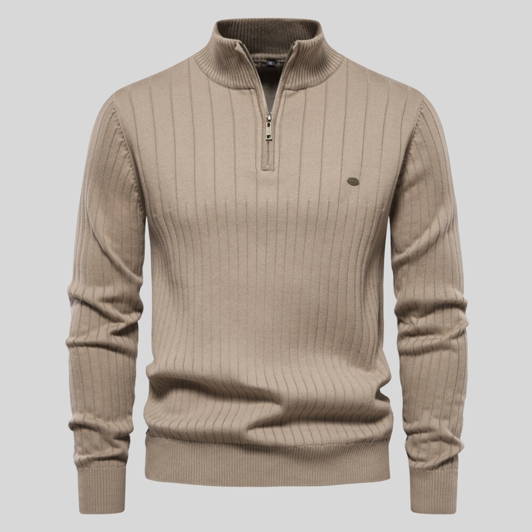 Men's ribbed quarter-zip jumper with mock neck and long sleeves