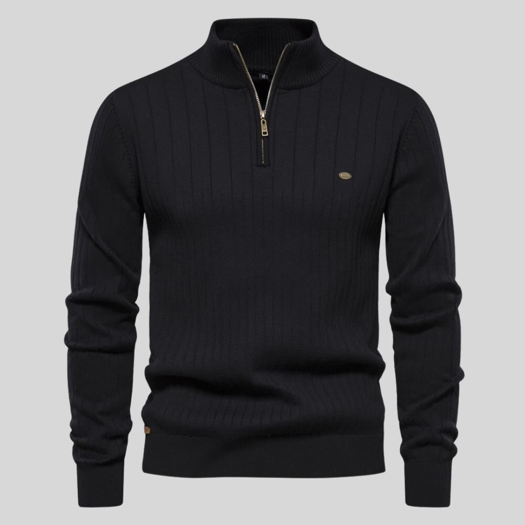 Men's ribbed quarter-zip jumper with mock neck and long sleeves