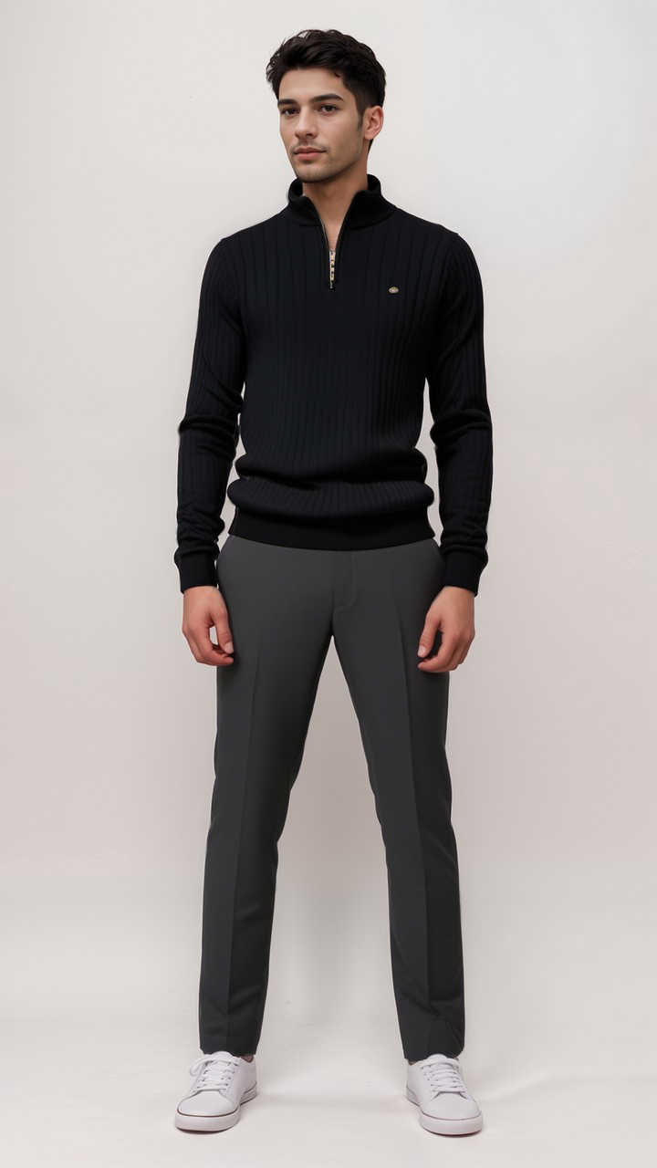 Men's ribbed quarter-zip jumper with mock neck and long sleeves