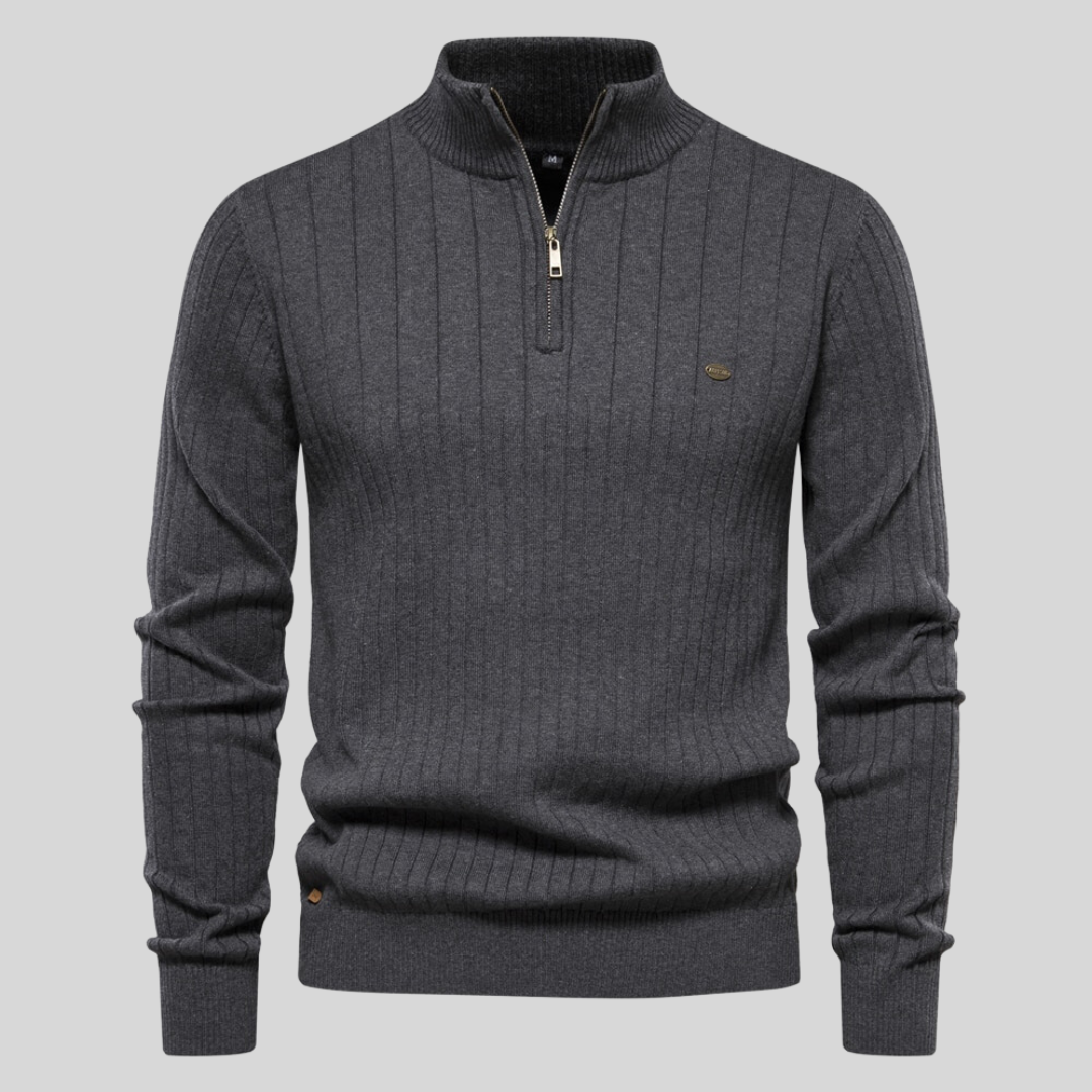 Men's ribbed quarter-zip jumper with mock neck and long sleeves