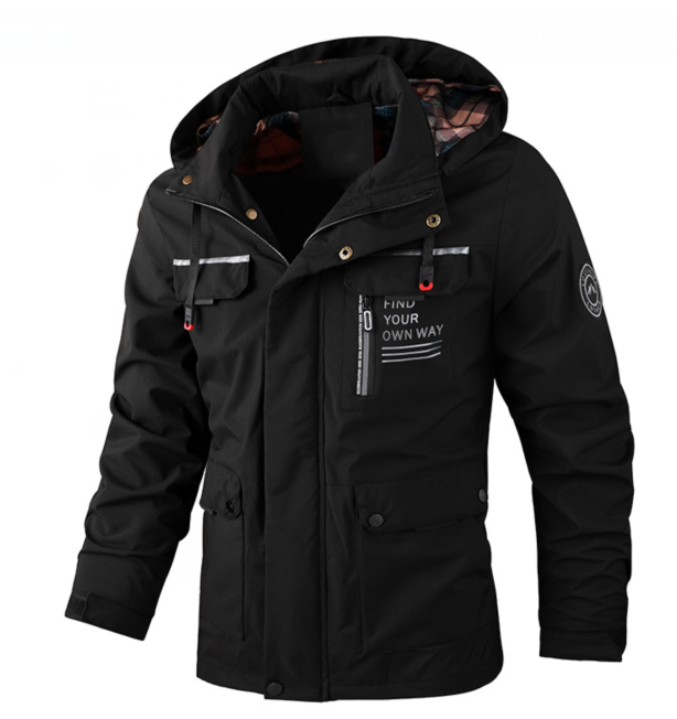 Men's hooded rain jacket with long sleeves, utility pockets and front zip