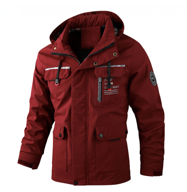 Men's hooded rain jacket with long sleeves, utility pockets and front zip