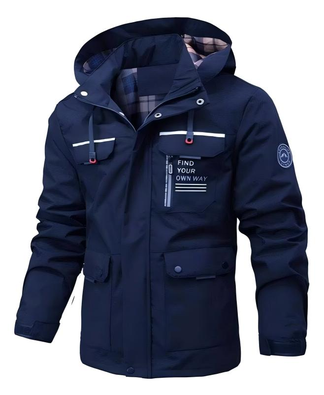 Men's hooded rain jacket with long sleeves, utility pockets and front zip