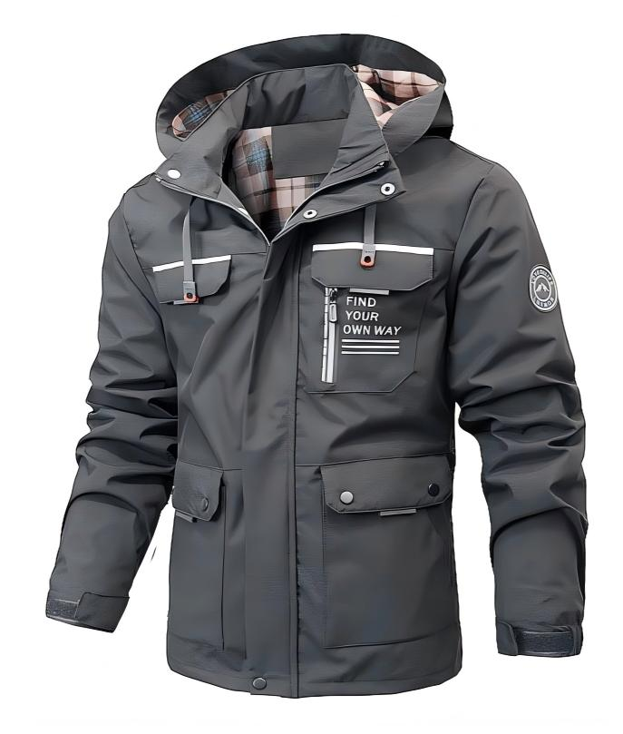 Men's hooded rain jacket with long sleeves, utility pockets and front zip