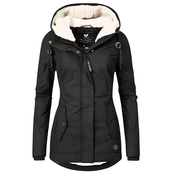 Women's hooded padded jacket with long sleeves, fleece-lined hood and front zip