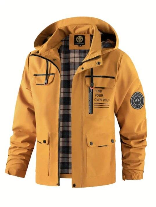 Men's hooded rain jacket with long sleeves, utility pockets and front zip