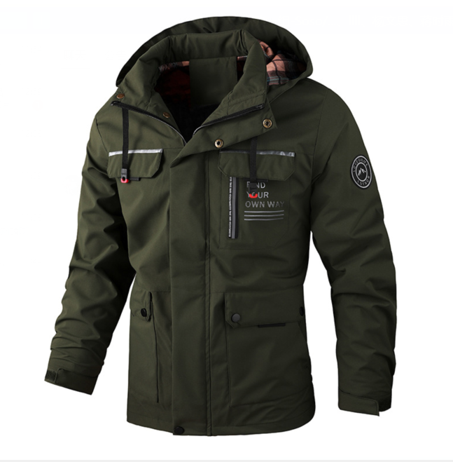 Men's hooded rain jacket with long sleeves, utility pockets and front zip