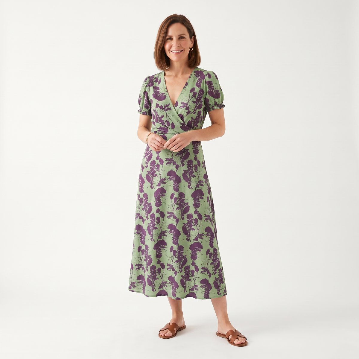Women's green floral wrap midi dress with V-neckline and short puff sleeves