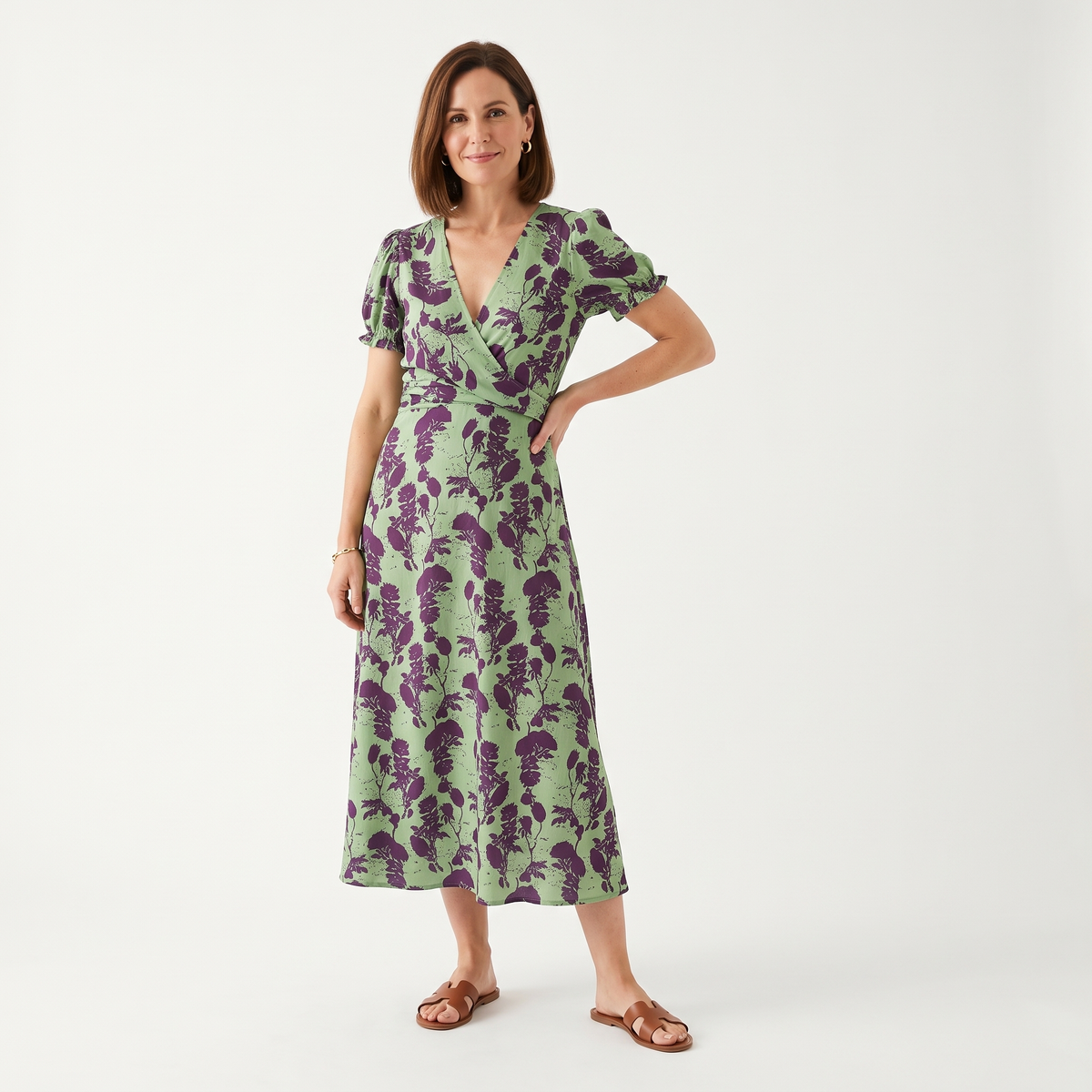 Women's green floral wrap midi dress with V-neckline and short puff sleeves