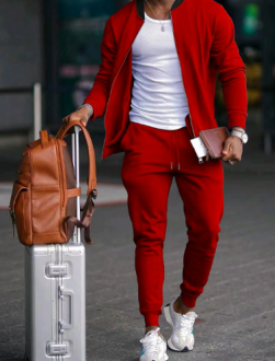 Men's solid tracksuit set with zip jacket and tapered jogger trousers