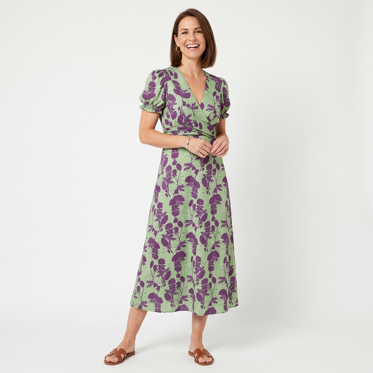 Women's green floral wrap midi dress with V-neckline and short puff sleeves