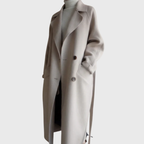 Women's longline overcoat with notched lapels and double-button front