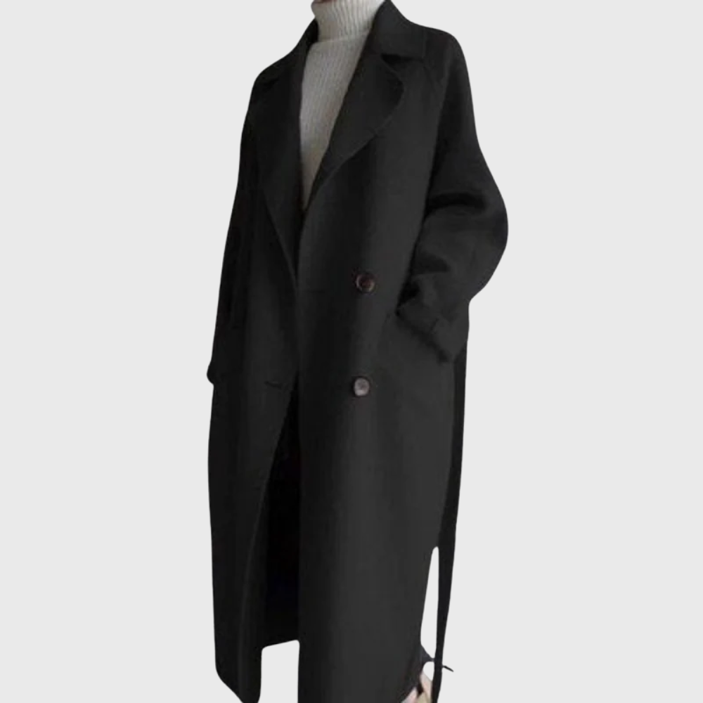 Women's longline overcoat with notched lapels and double-button front
