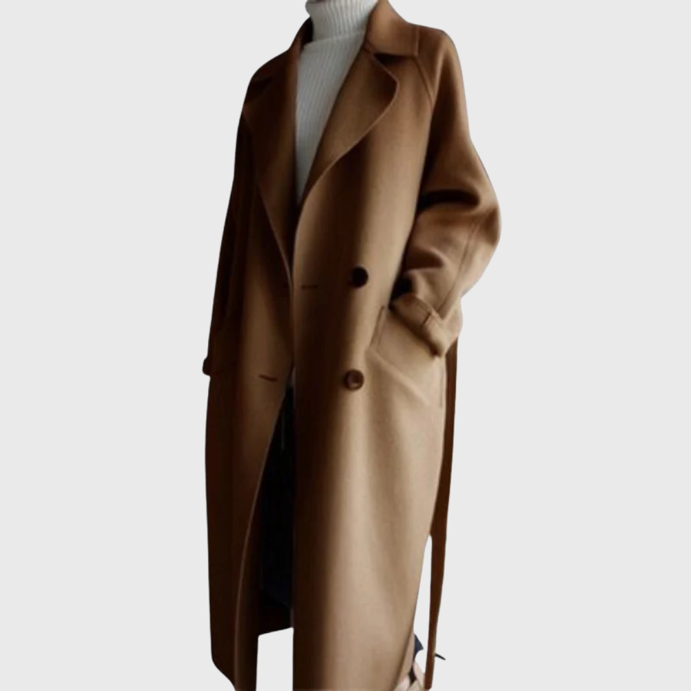 Women's longline overcoat with notched lapels and double-button front