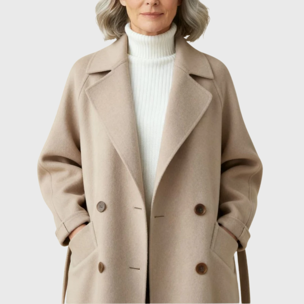 Women's longline overcoat with notched lapels and double-button front