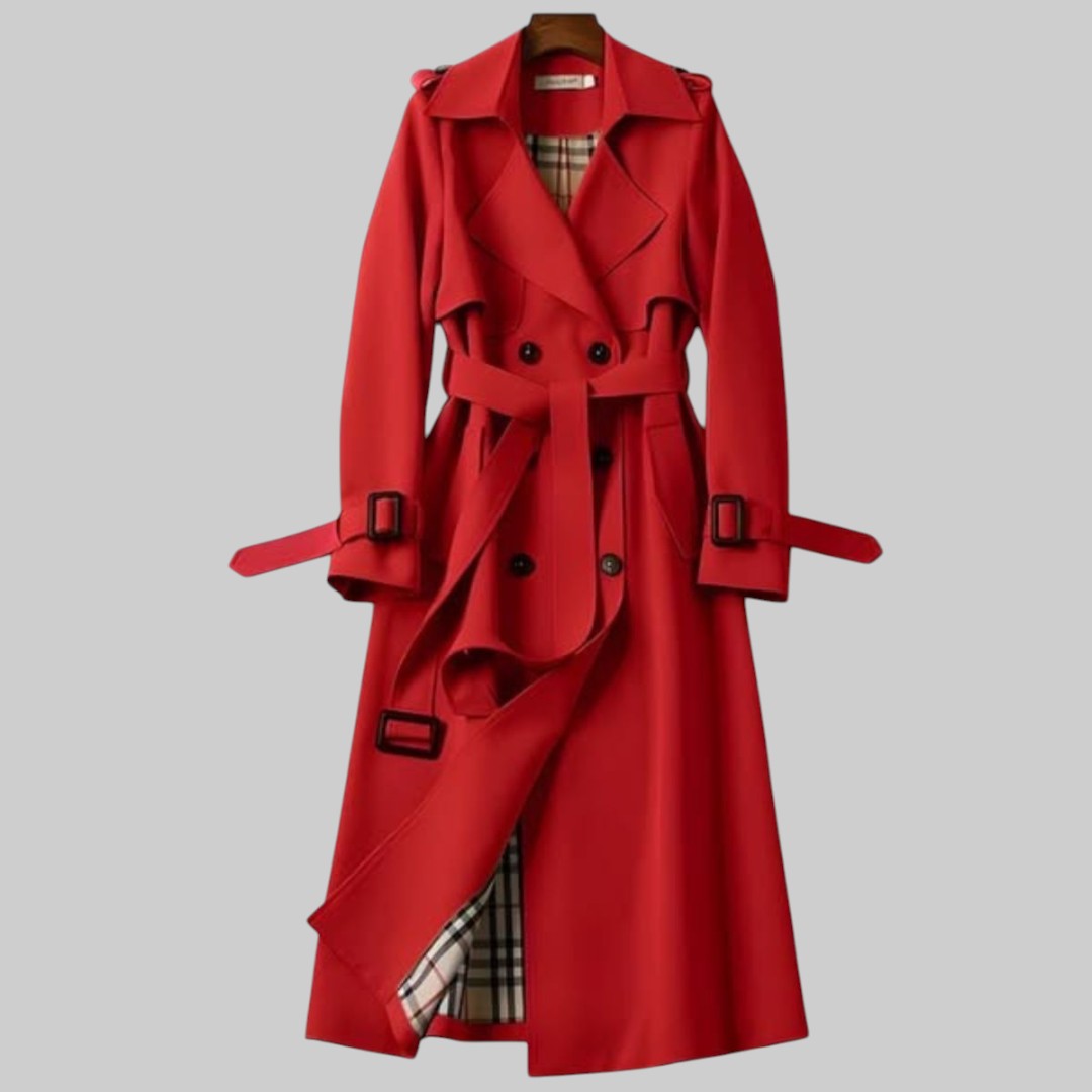 Women's double-breasted belted trench coat with long sleeves and buckle details