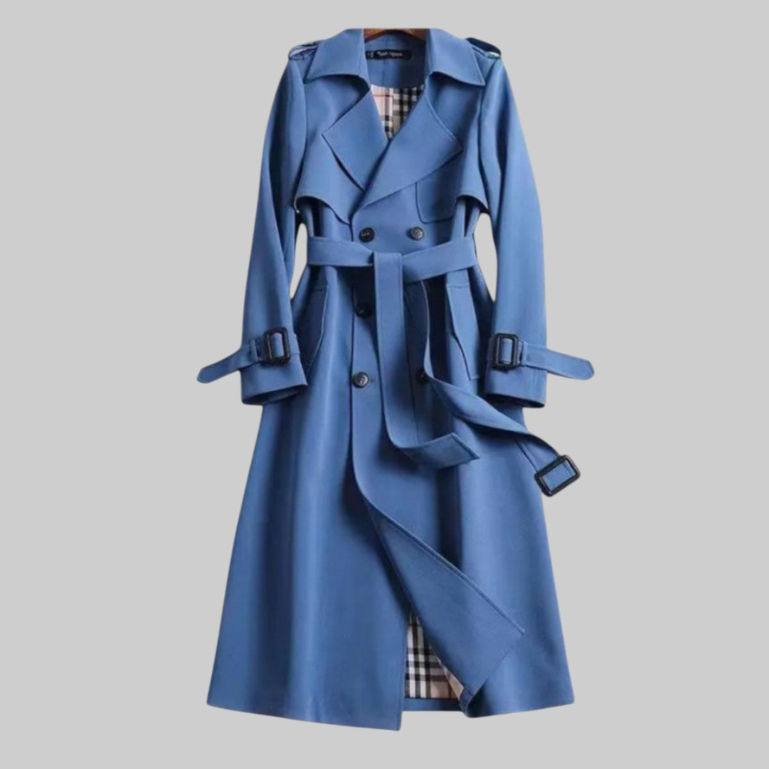 Women's double-breasted belted trench coat with long sleeves and buckle details