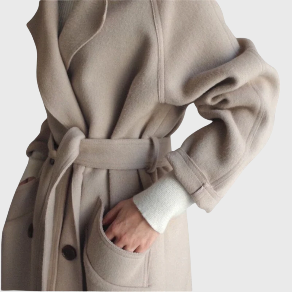 Women's longline overcoat with notched lapels and double-button front