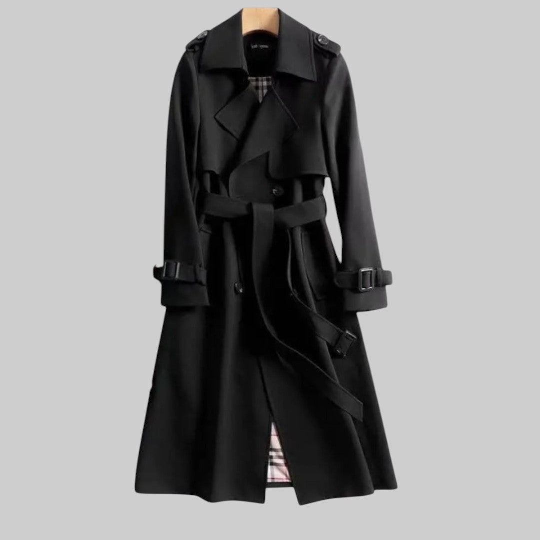 Women's double-breasted belted trench coat with long sleeves and buckle details