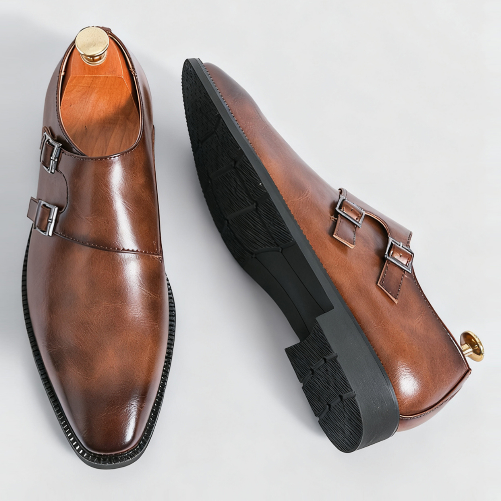 Men's double monk loafers with polished finish and twin buckle straps