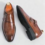 Men's double monk loafers with polished finish and twin buckle straps