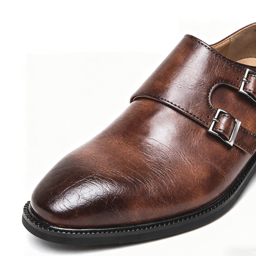 Men's double monk loafers with polished finish and twin buckle straps