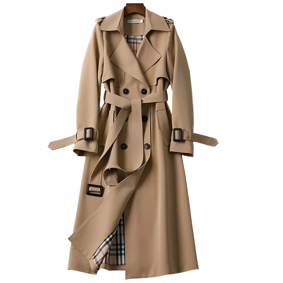 Women's long double-breasted belted trench coat with shoulder tabs and cuff buckles