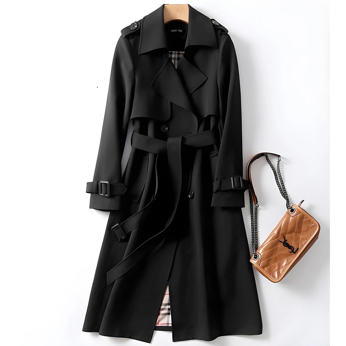 Women's long double-breasted belted trench coat with shoulder tabs and cuff buckles