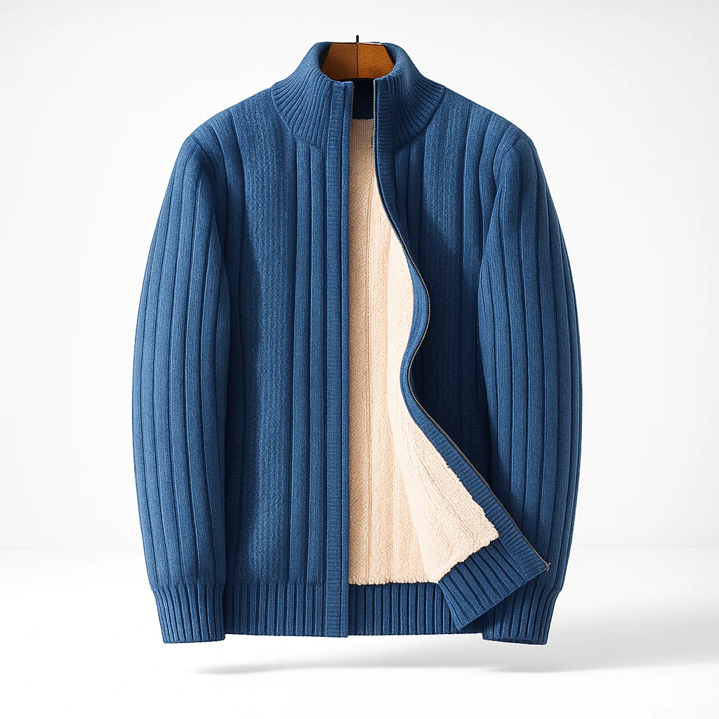 Ribbed zip cardigan with high collar and long sleeves