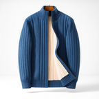 Ribbed zip cardigan with high collar and long sleeves
