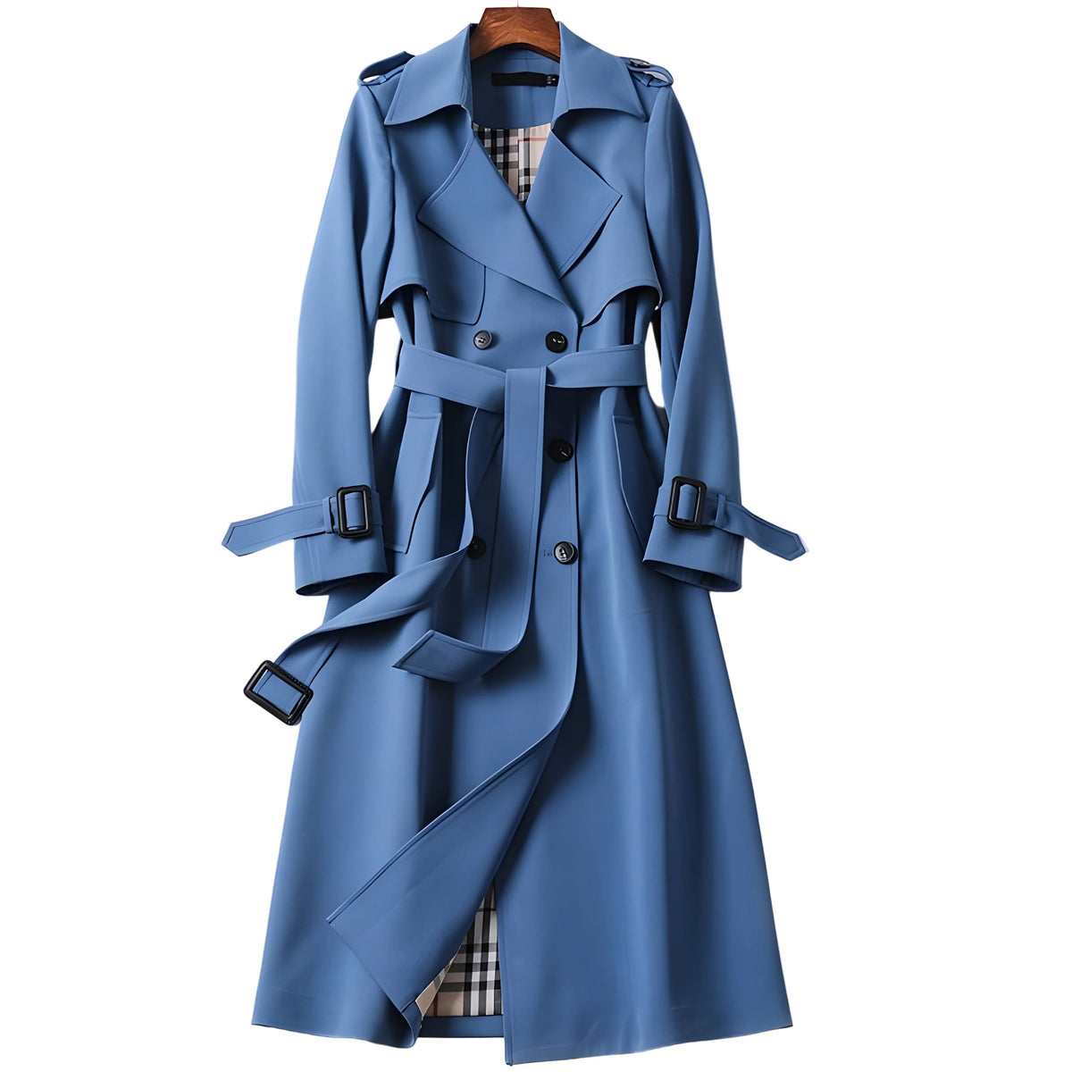 Women's long double-breasted belted trench coat with shoulder tabs and cuff buckles
